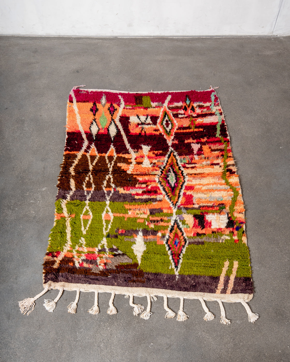 Modern, designer, handcrafted Berber rug from Morocco. Vintage carpet with beautiful colours and patterns and fluffy texture.